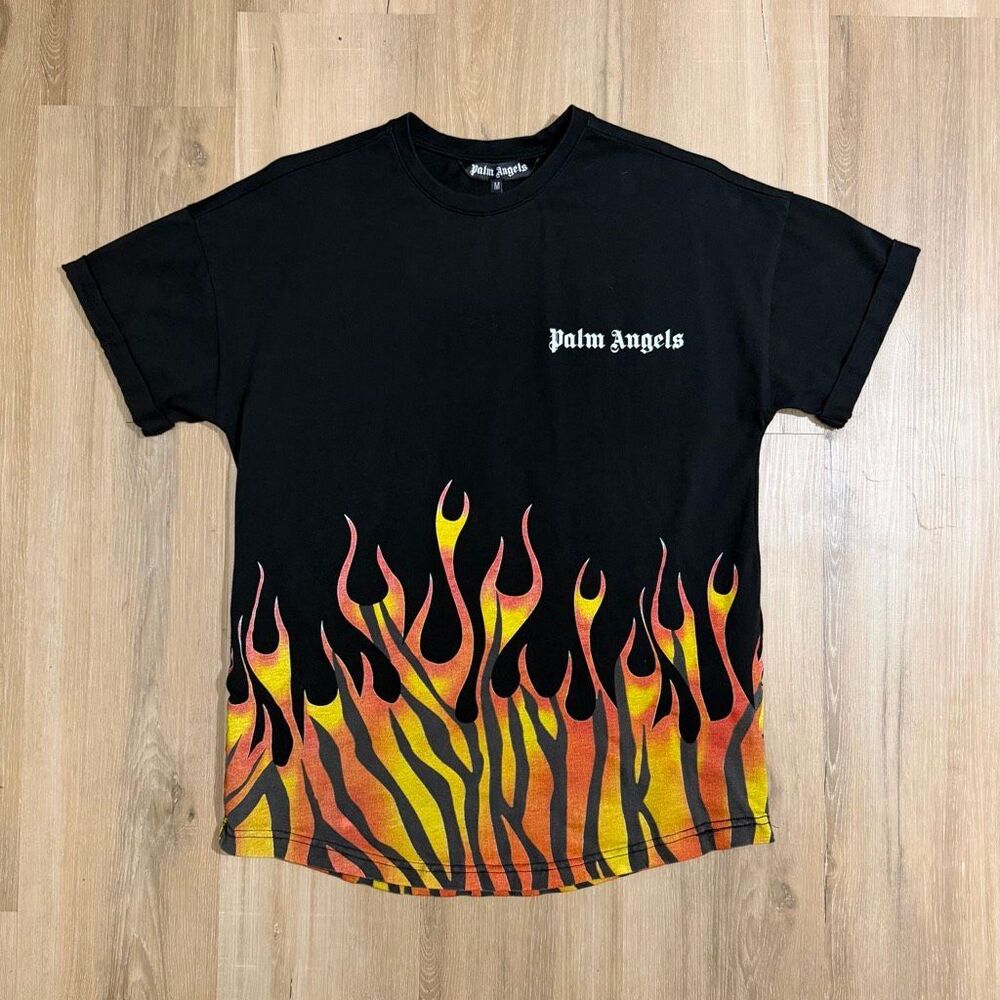 Palm Angels Fire Black T Shirt Sz M LA Streetwear Flame Graphic Luxury Designer